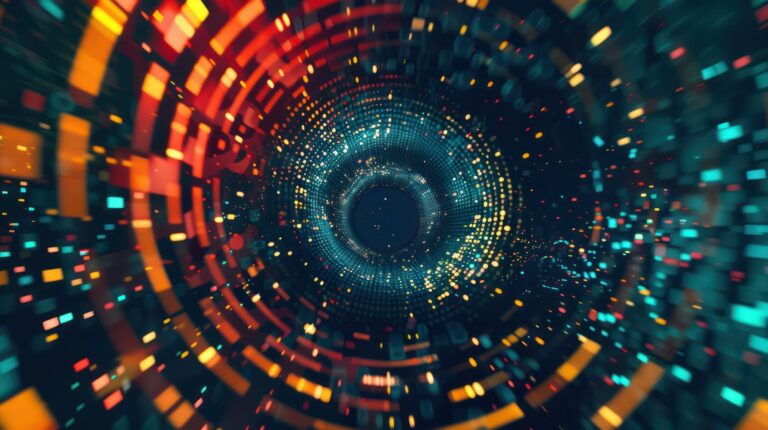 Abstracte digitale tunnel of trechter van lichtgevende rode en oranje deeltjes en blokken.