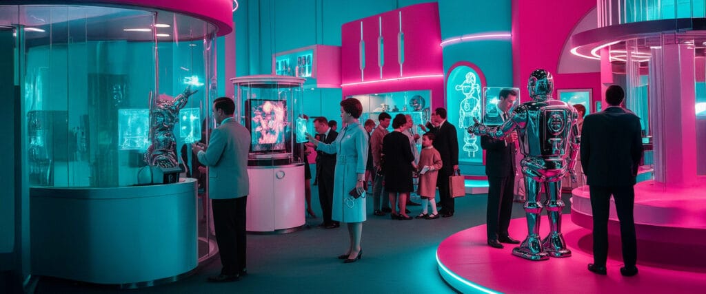 Retro-futuristisch beeld van mensen in een evenementen locatie.