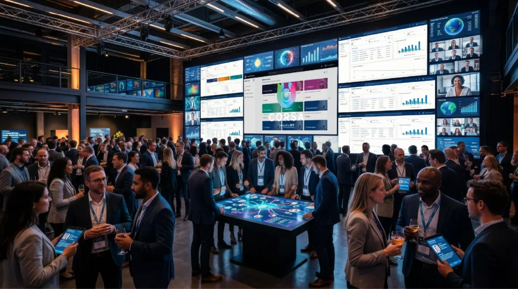 Groep mensen in een grote ruimte met in de achtergrond een groot projectiescherm